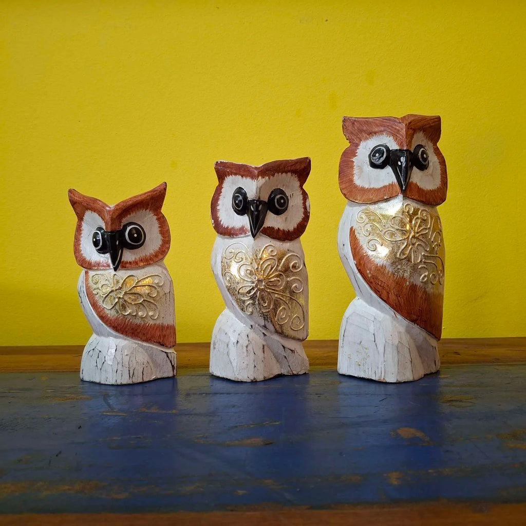 Gufo Set 3 Sculture Soprammobili Civetta Etnica