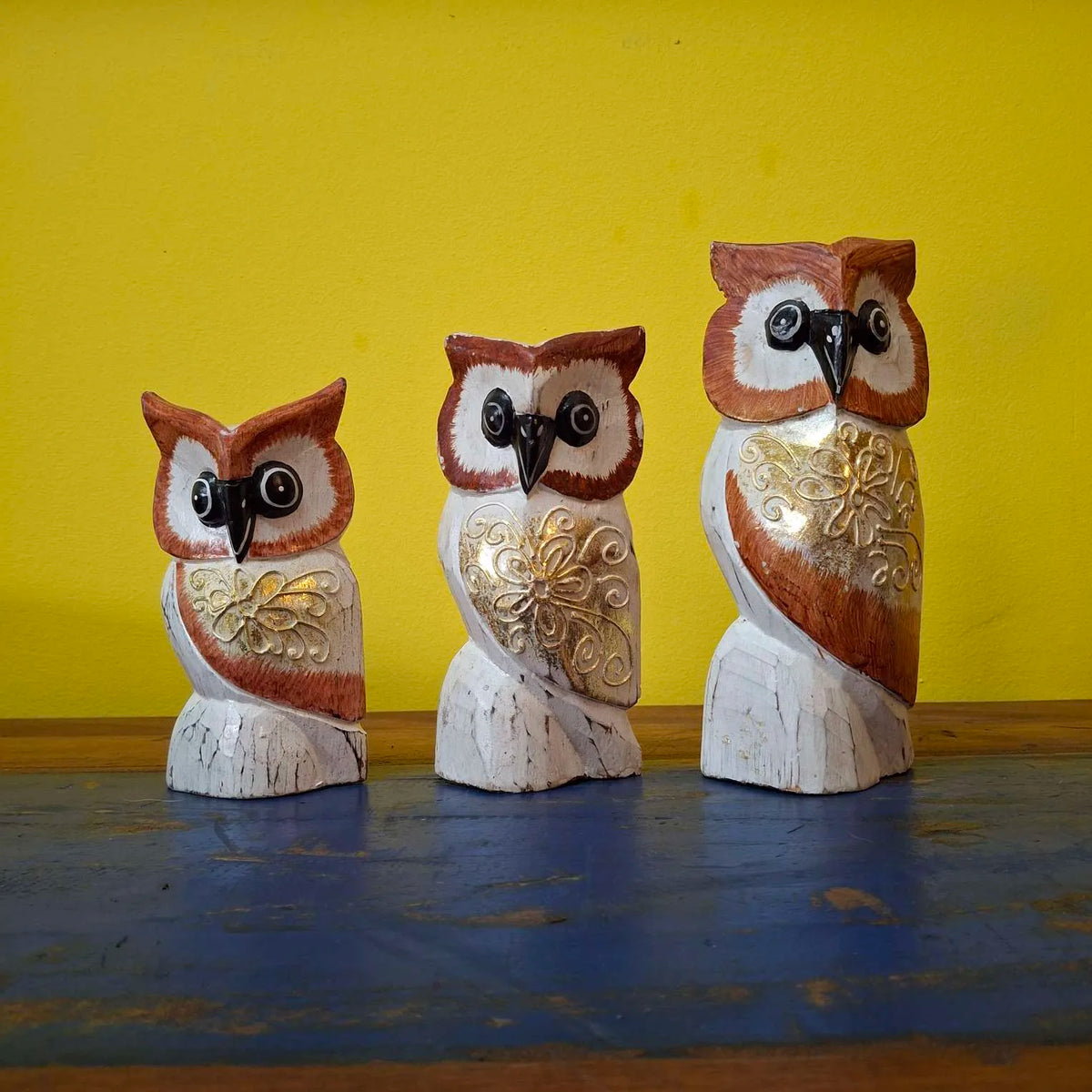 Gufo Set 3 Sculture Soprammobili Civetta Etnica