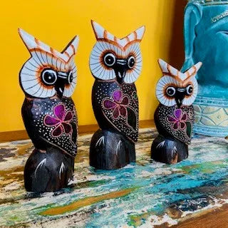 Set 3 Gufi Sculture Soprammobili Civetta Etnica