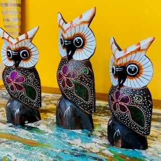 Set 3 Gufi Sculture Soprammobili Civetta Etnica