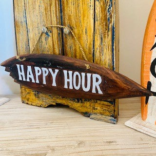 Panneau décoratif en bois « Happy Hour » en forme de planche de surf