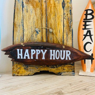 Panneau décoratif en bois « Happy Hour » en forme de planche de surf