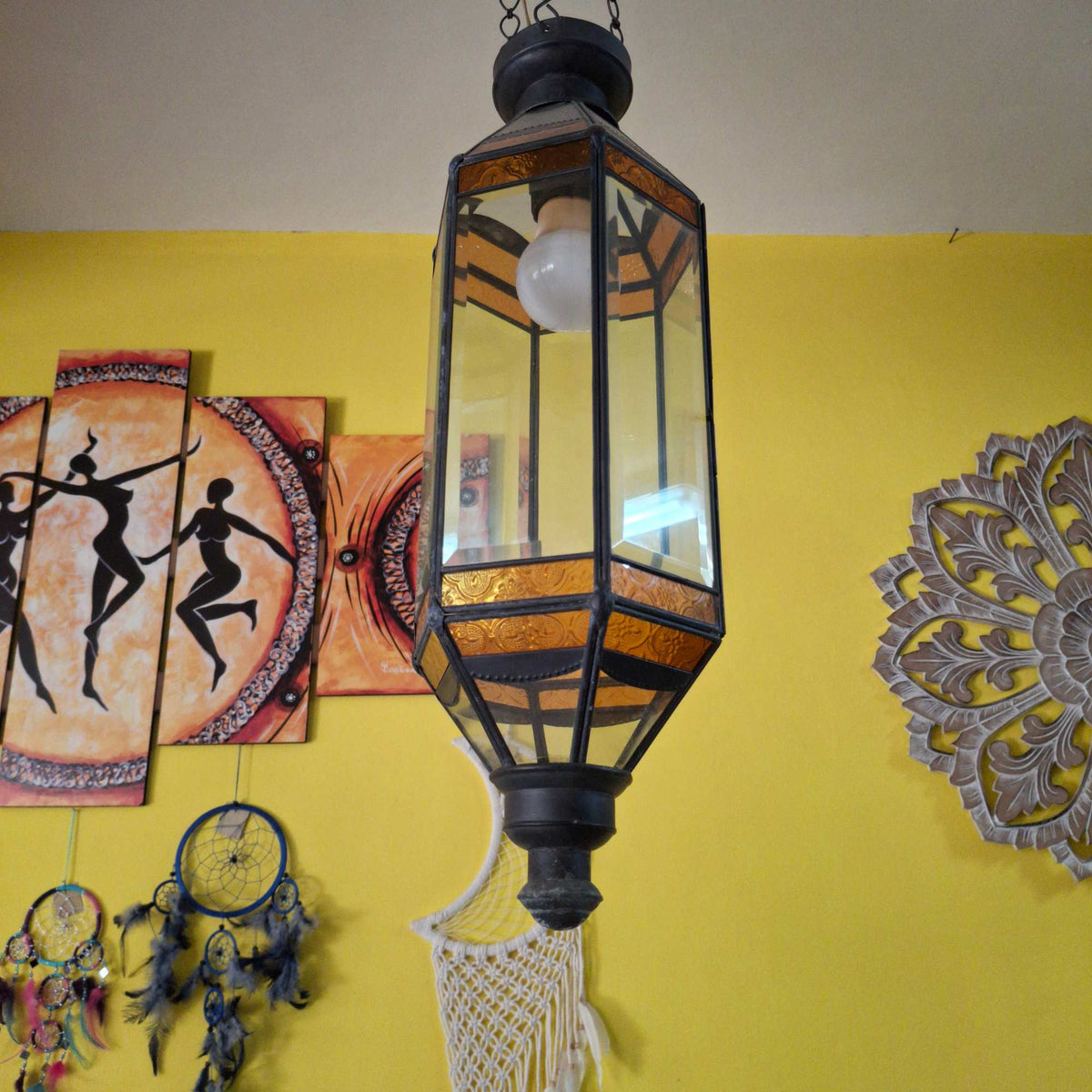 Lampadario Etnico in Ferro e Vetro Lanterna Lume