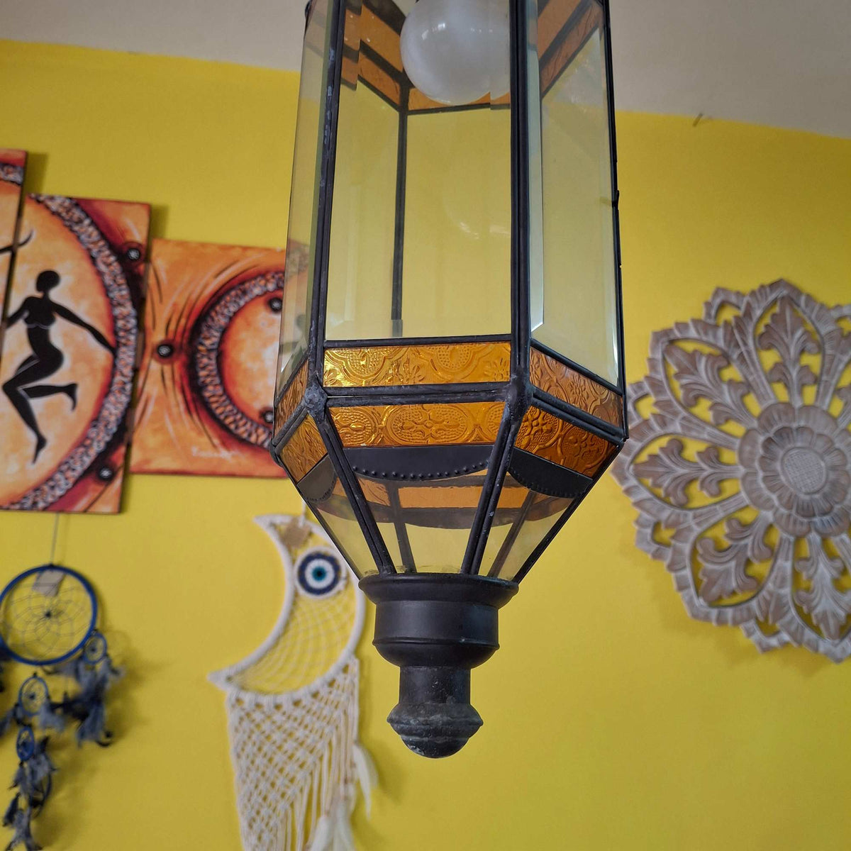 Lampadario Etnico in Ferro e Vetro Lanterna Lume