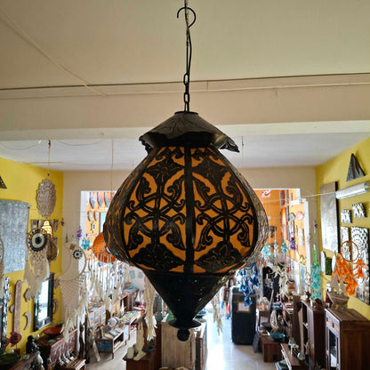 Lampadario etnico in ferro ricamato e tessuto