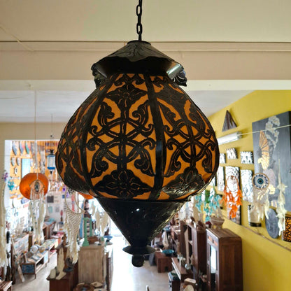 Lampadario etnico in ferro ricamato e tessuto