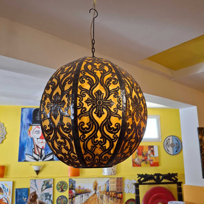 Lampadario etnico in tessuto ricamato e ferro battuto