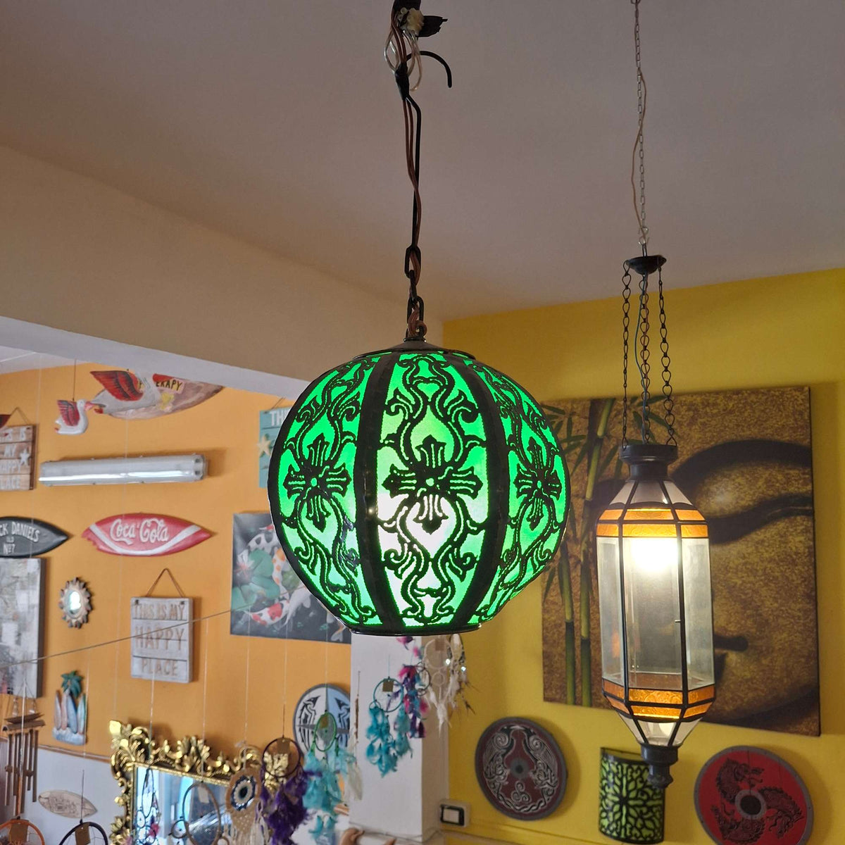 Lampadario etnico ferro battuto e tessuto verde