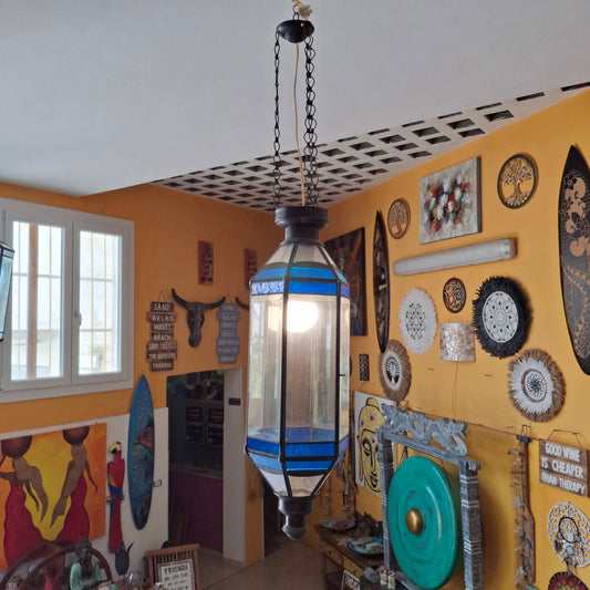 Lanterna etnica in vetro e ferro lampadario vintage