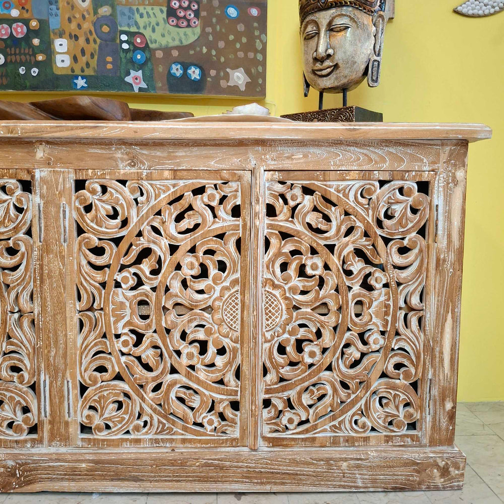 Ethnisches Sideboard, mobiles Teakholz-Buffet im Shabby-Chic-Stil