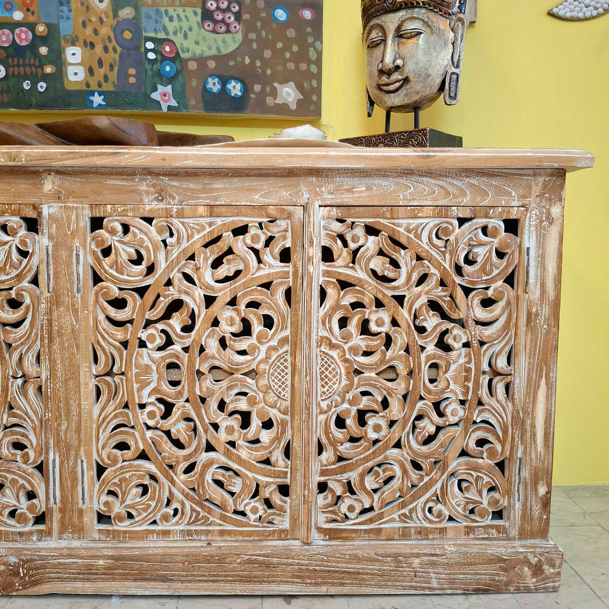 Ethnisches Sideboard, mobiles Teakholz-Buffet im Shabby-Chic-Stil