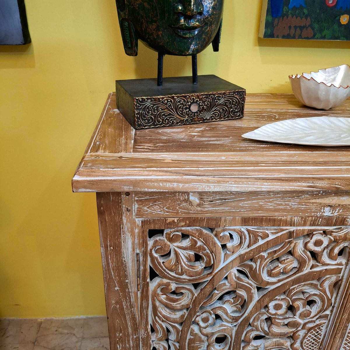 Ethnisches Sideboard, mobiles Teakholz-Buffet im Shabby-Chic-Stil