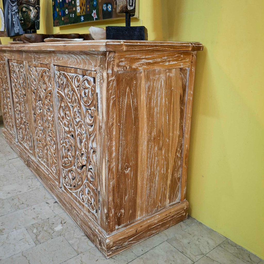 Ethnisches Sideboard, mobiles Teakholz-Buffet im Shabby-Chic-Stil