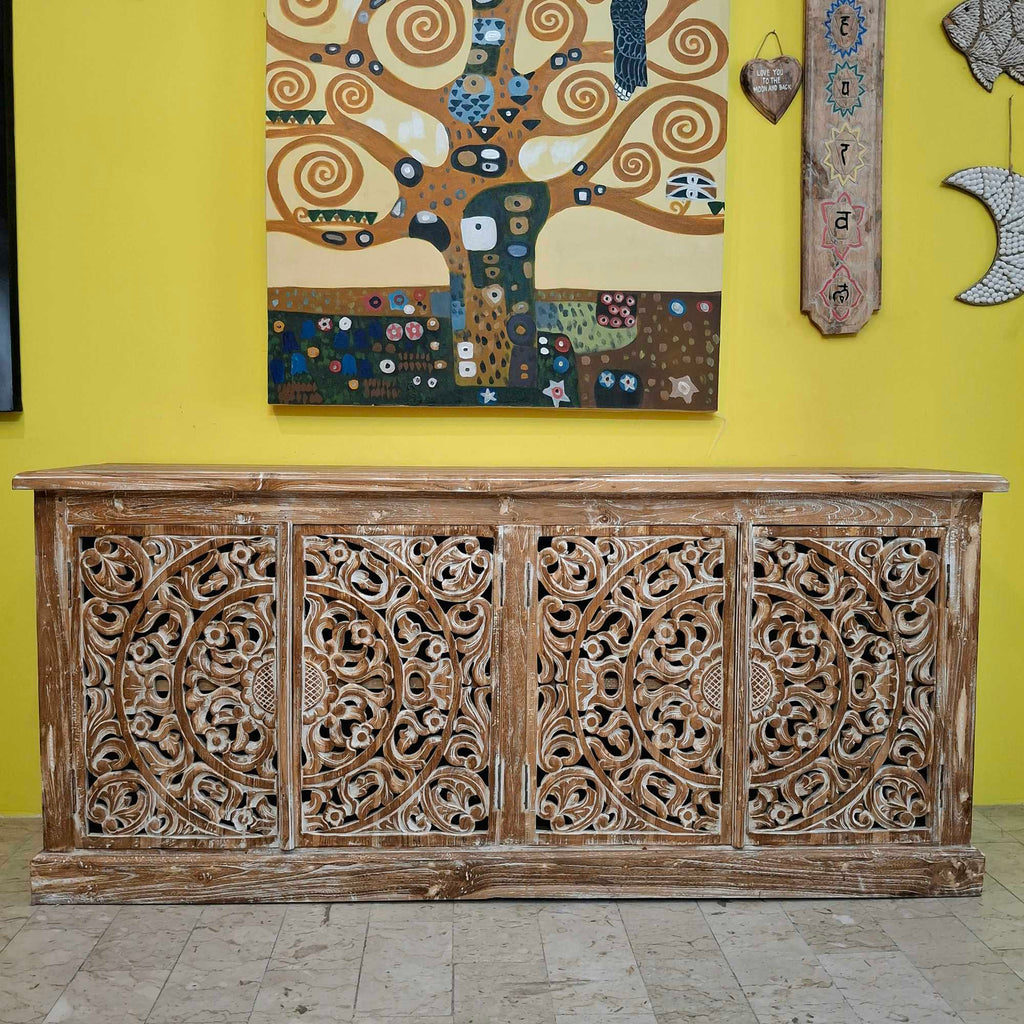 Ethnisches Sideboard, mobiles Teakholz-Buffet im Shabby-Chic-Stil