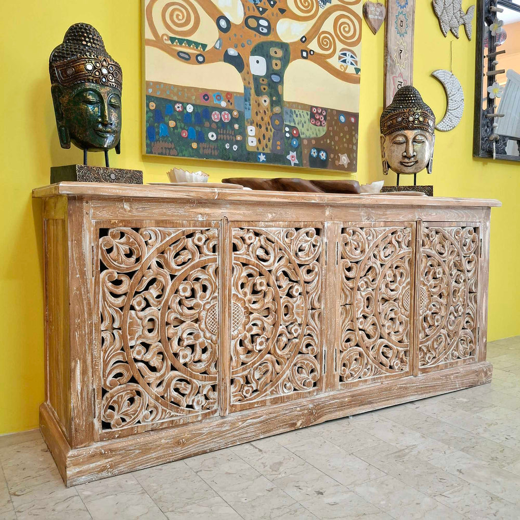 Ethnisches Sideboard, mobiles Teakholz-Buffet im Shabby-Chic-Stil