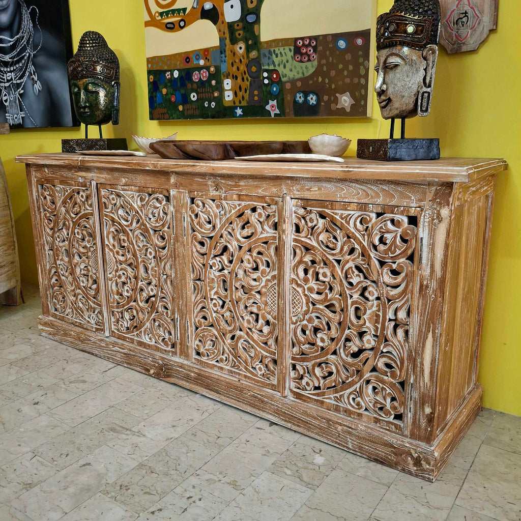 Ethnisches Sideboard, mobiles Teakholz-Buffet im Shabby-Chic-Stil