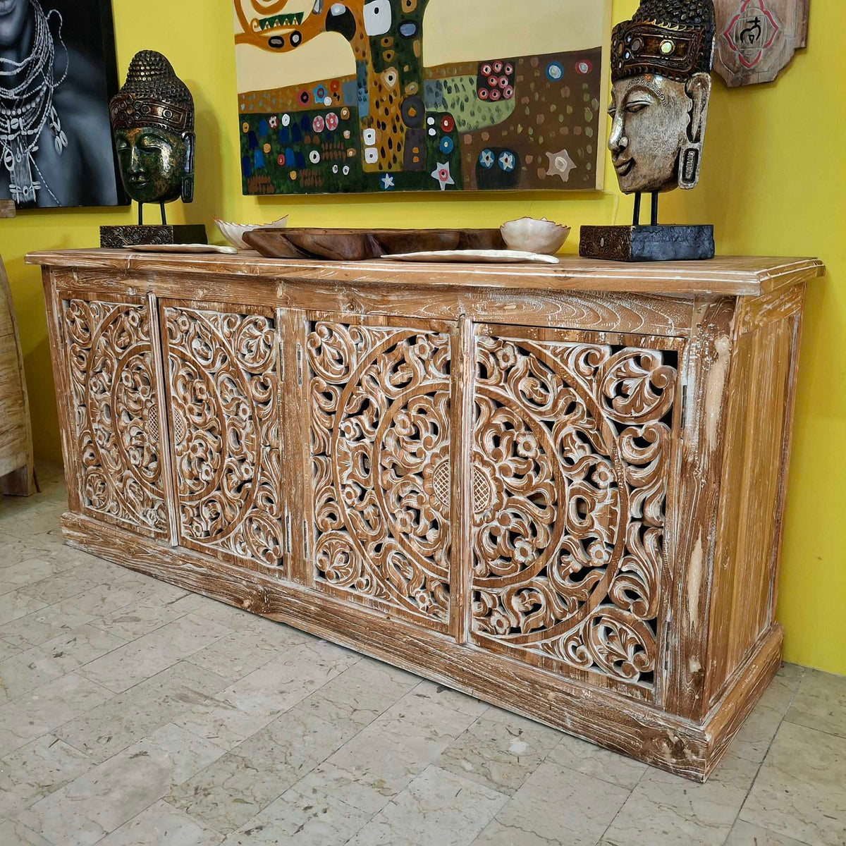 Ethnisches Sideboard, mobiles Teakholz-Buffet im Shabby-Chic-Stil