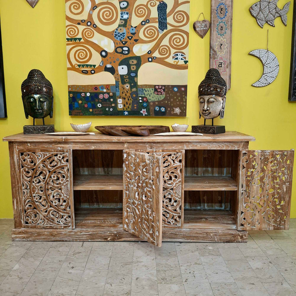 Ethnisches Sideboard, mobiles Teakholz-Buffet im Shabby-Chic-Stil