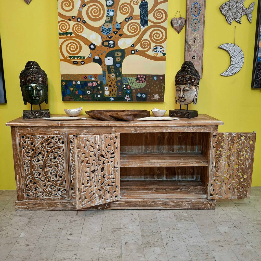Ethnisches Sideboard, mobiles Teakholz-Buffet im Shabby-Chic-Stil