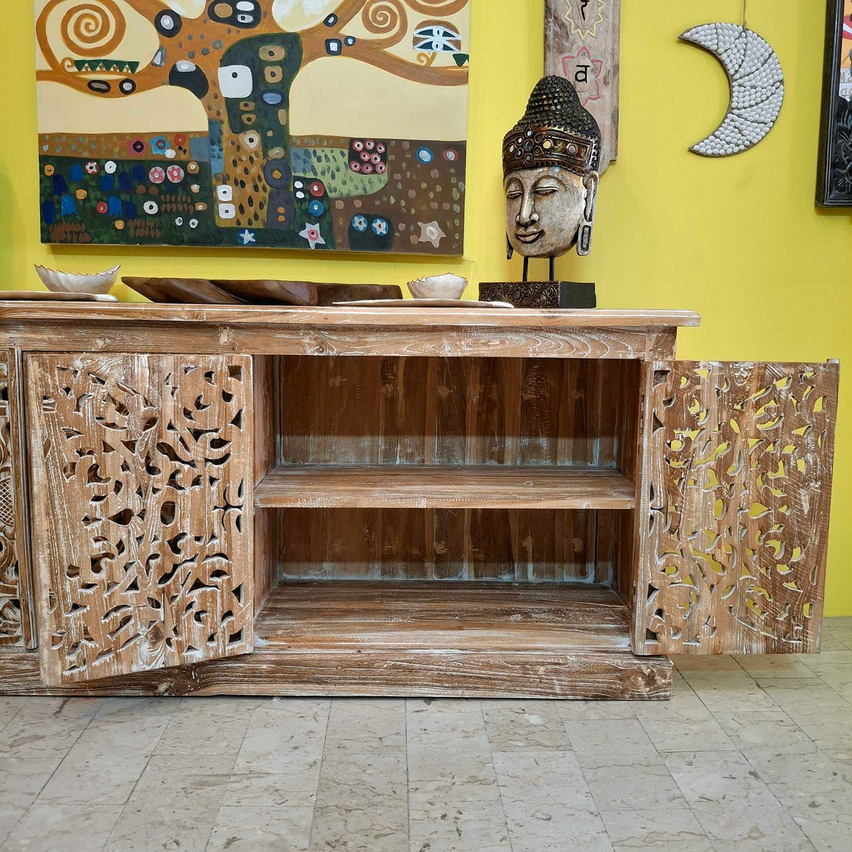 Ethnisches Sideboard, mobiles Teakholz-Buffet im Shabby-Chic-Stil