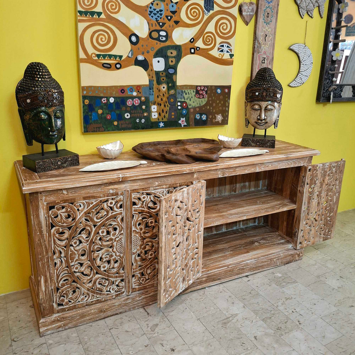 Ethnisches Sideboard, mobiles Teakholz-Buffet im Shabby-Chic-Stil