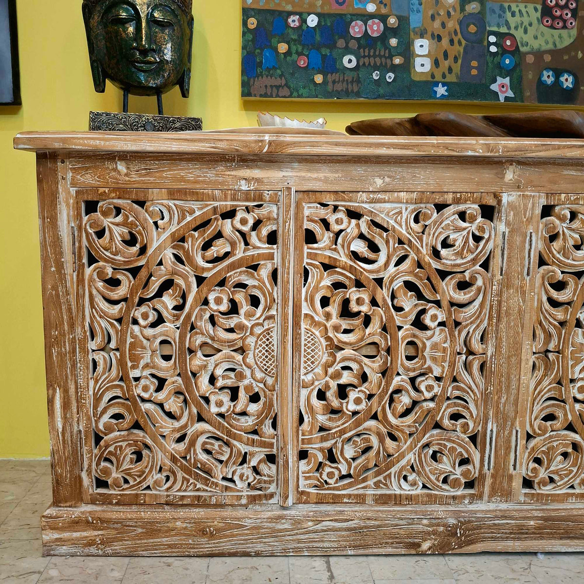 Ethnisches Sideboard, mobiles Teakholz-Buffet im Shabby-Chic-Stil