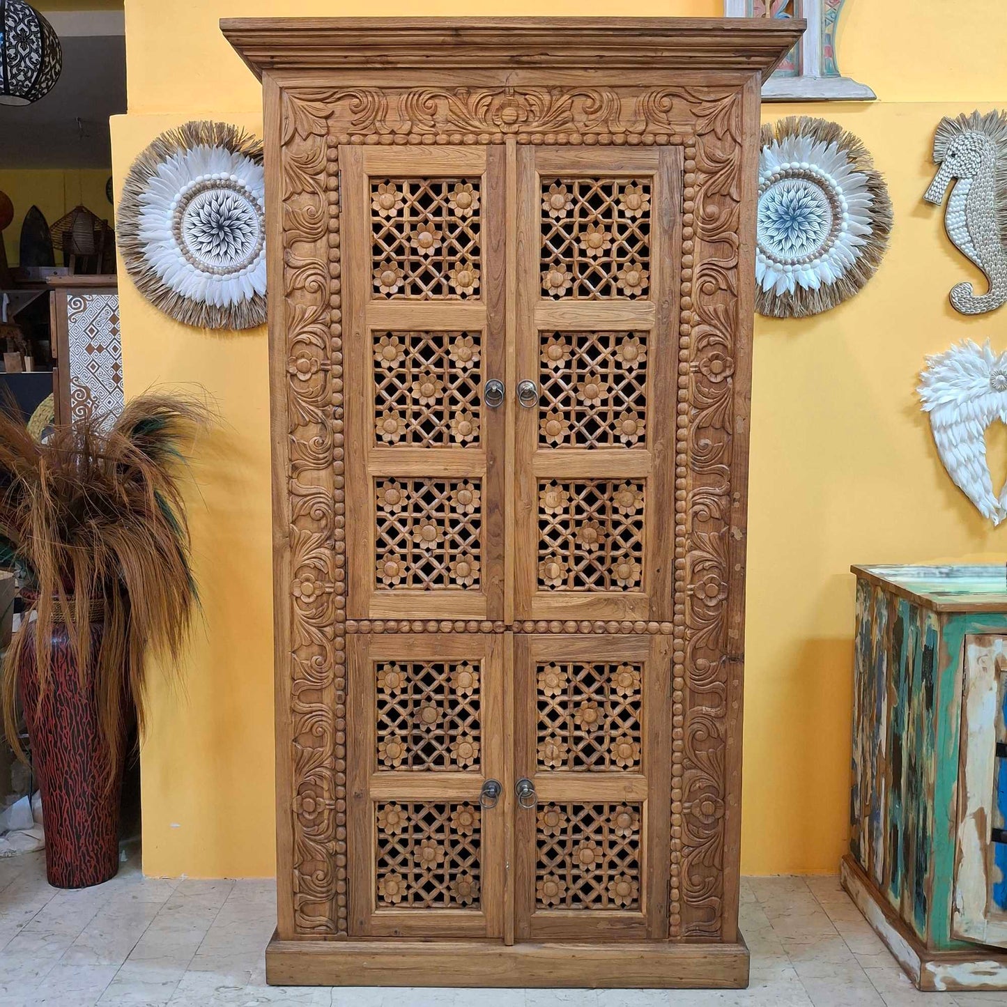 Mobile Credenza etnica in legno teak floreale