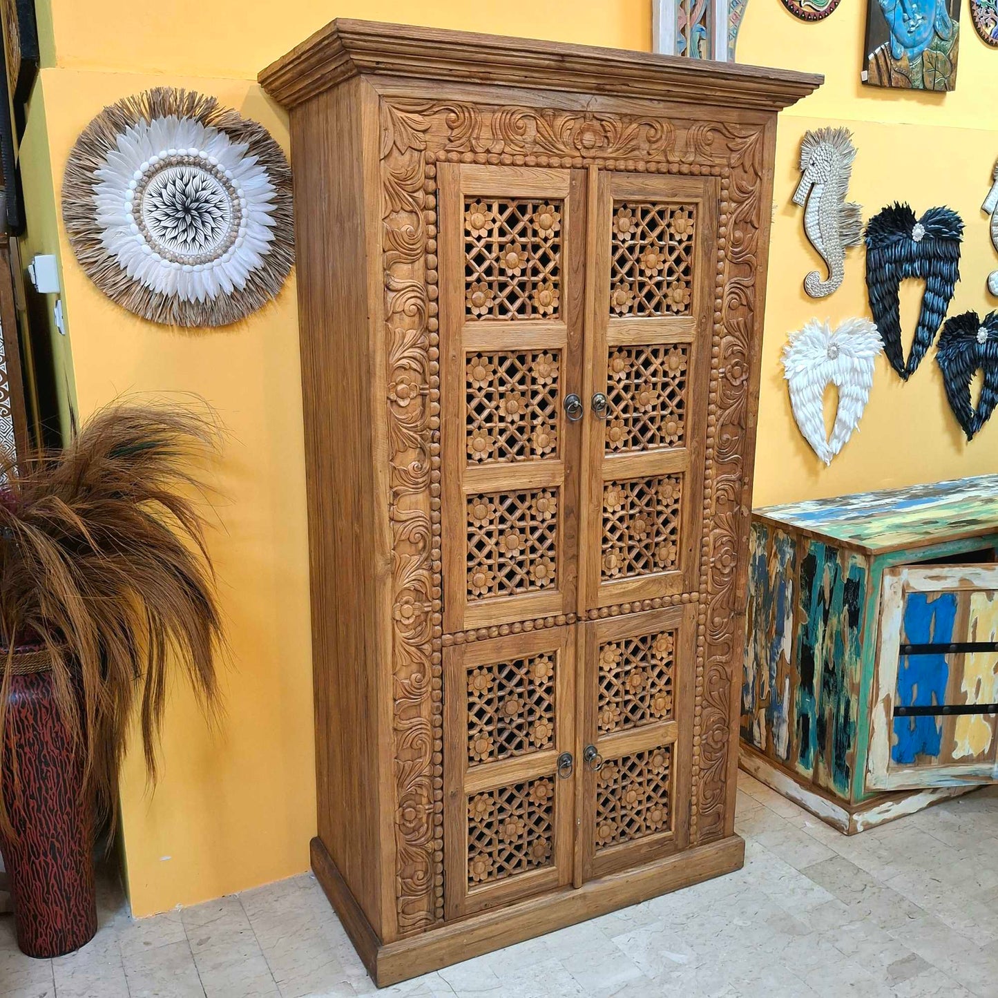 Mobile Credenza etnica in legno teak floreale
