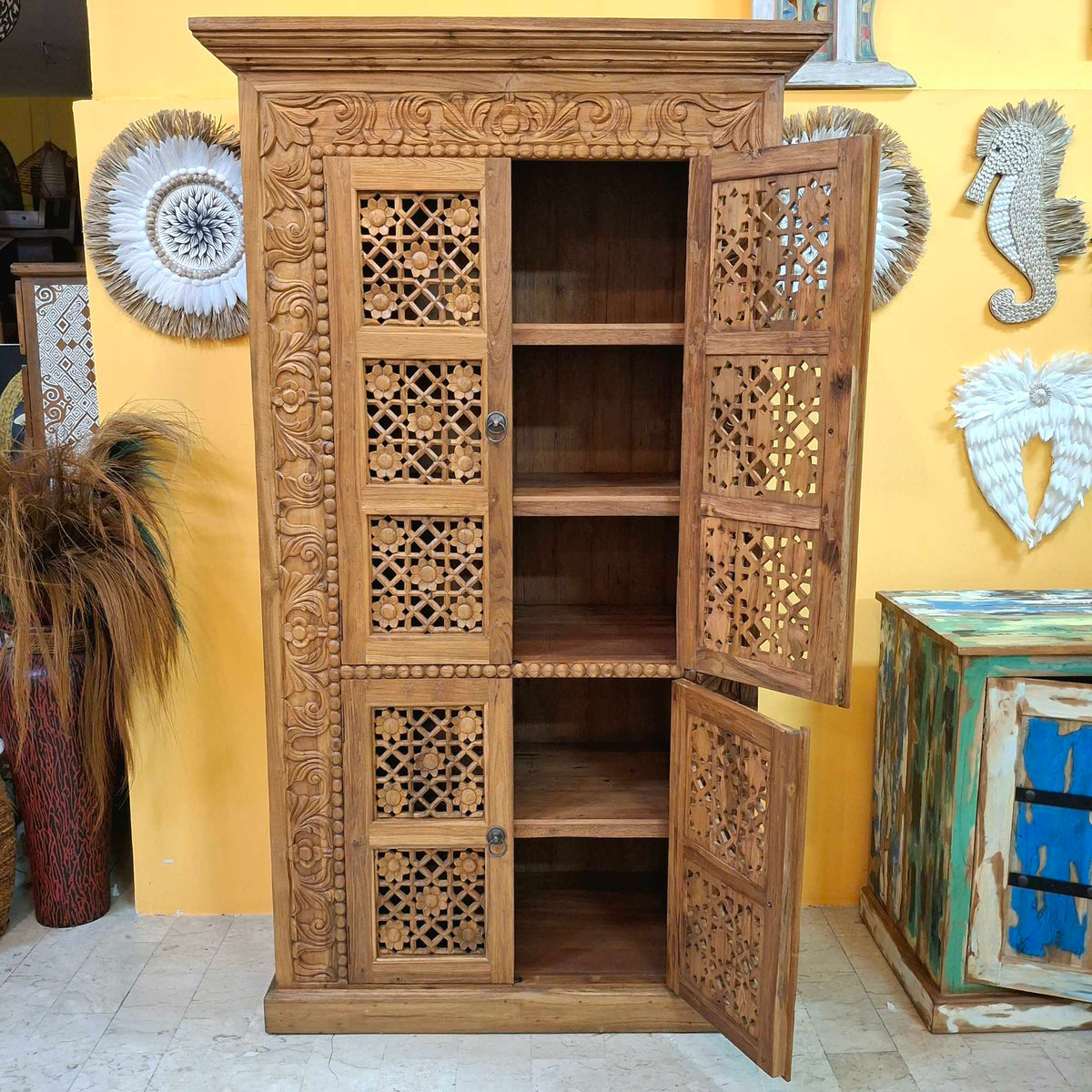 Mobile Credenza etnica in legno teak floreale