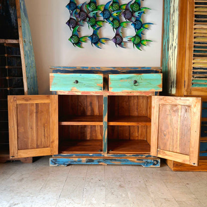 Mobile etnico madia cassettiera con sportelli in teak