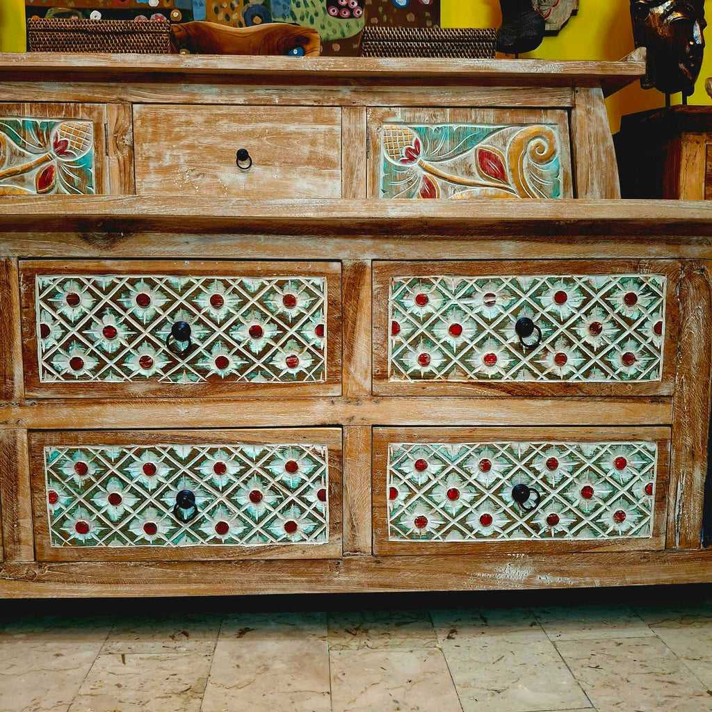 Ethnisches Lowboard mit TV-Ablage und Schubladen im Shabby-Chic-Stil