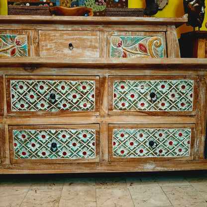 Mobile etnico porta tv in legno teak cassettiera shabby chic