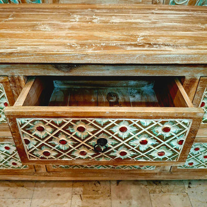 Mobile etnico porta tv in legno teak cassettiera shabby chic