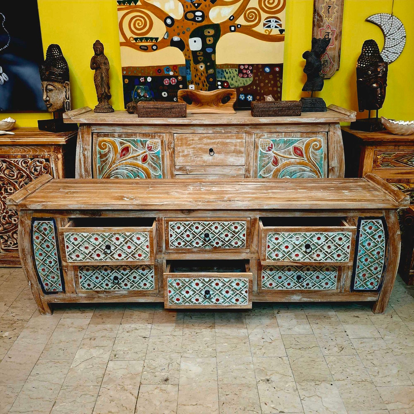 Mobile etnico porta tv in legno teak cassettiera shabby chic