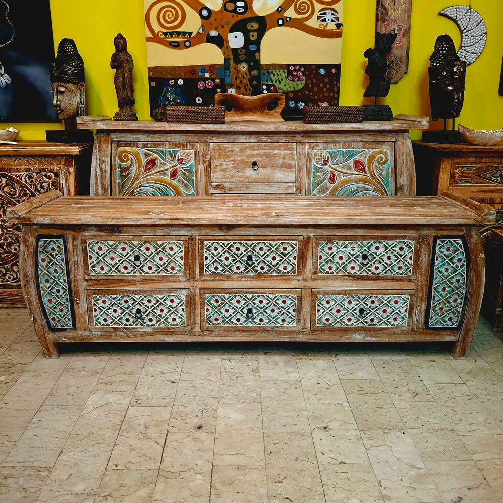 Ethnisches Lowboard mit TV-Ablage und Schubladen im Shabby-Chic-Stil