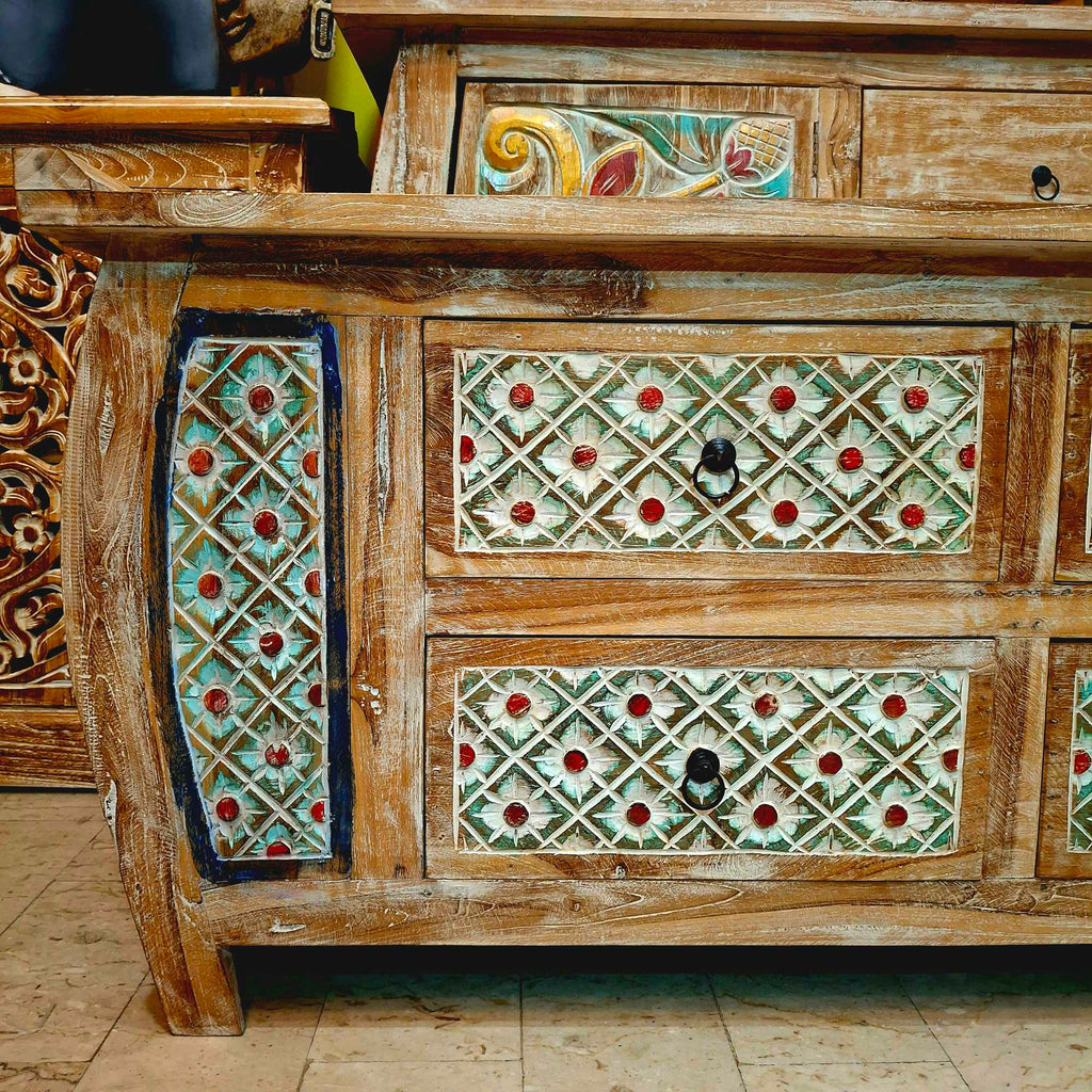 Ethnisches Lowboard mit TV-Ablage und Schubladen im Shabby-Chic-Stil