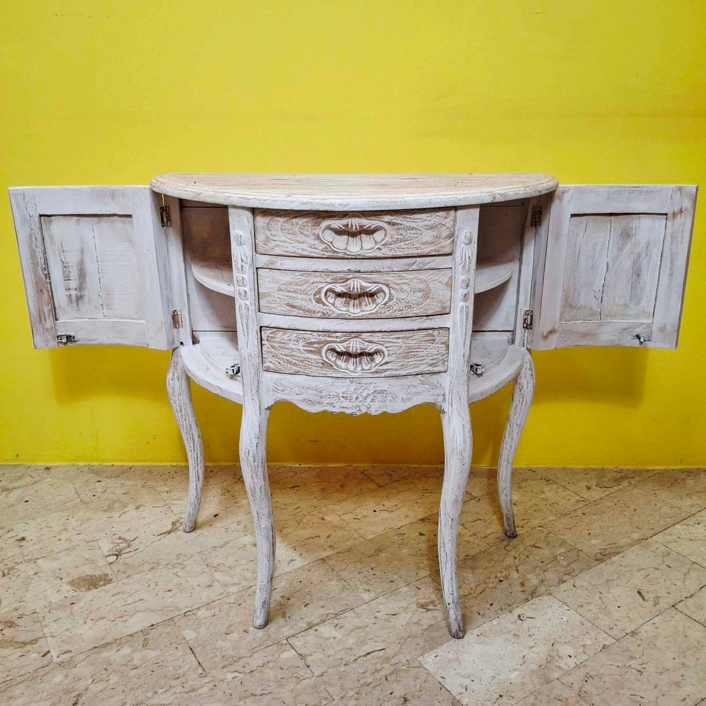 Half-round carved entrance furniture, pickled