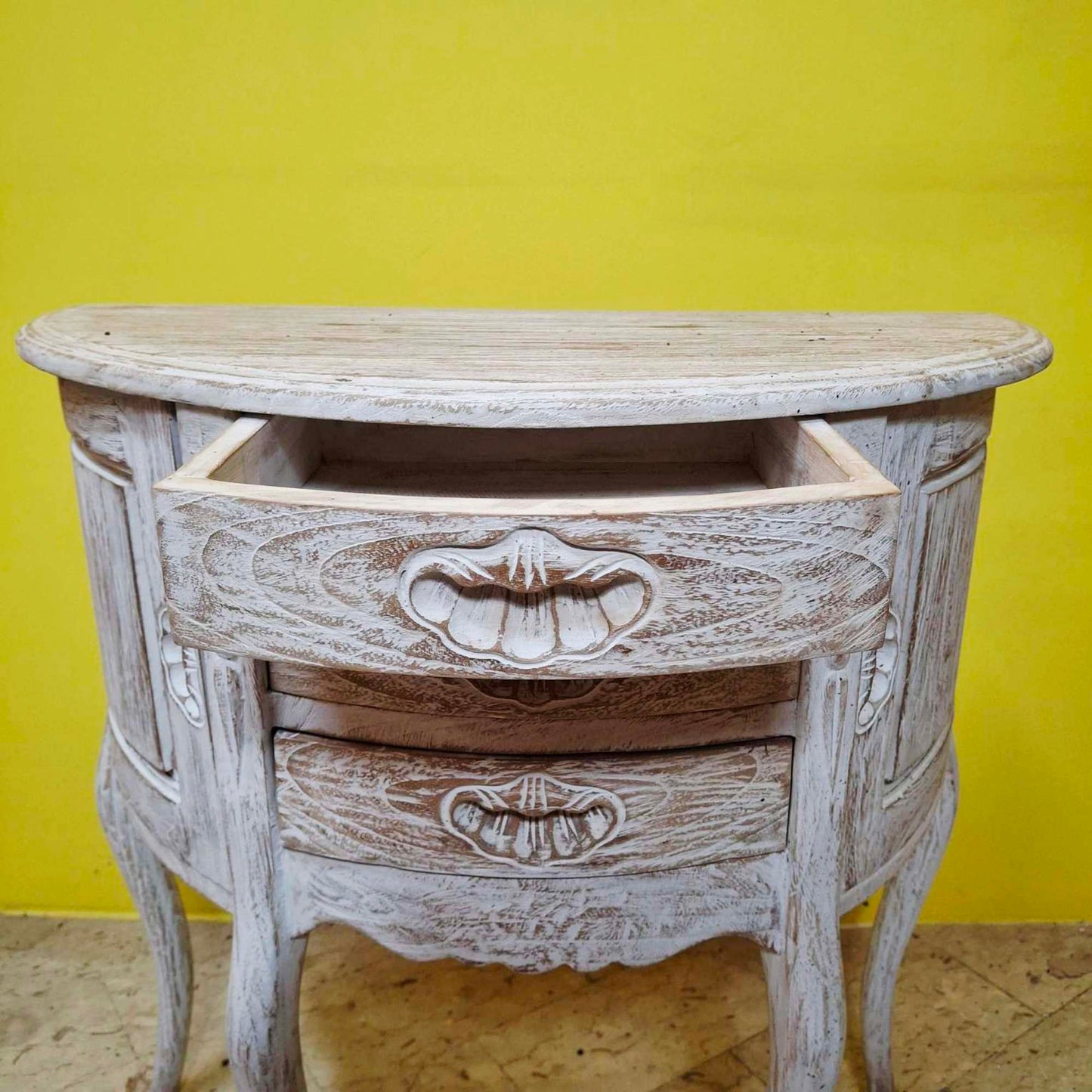 Half-round carved entrance furniture, pickled