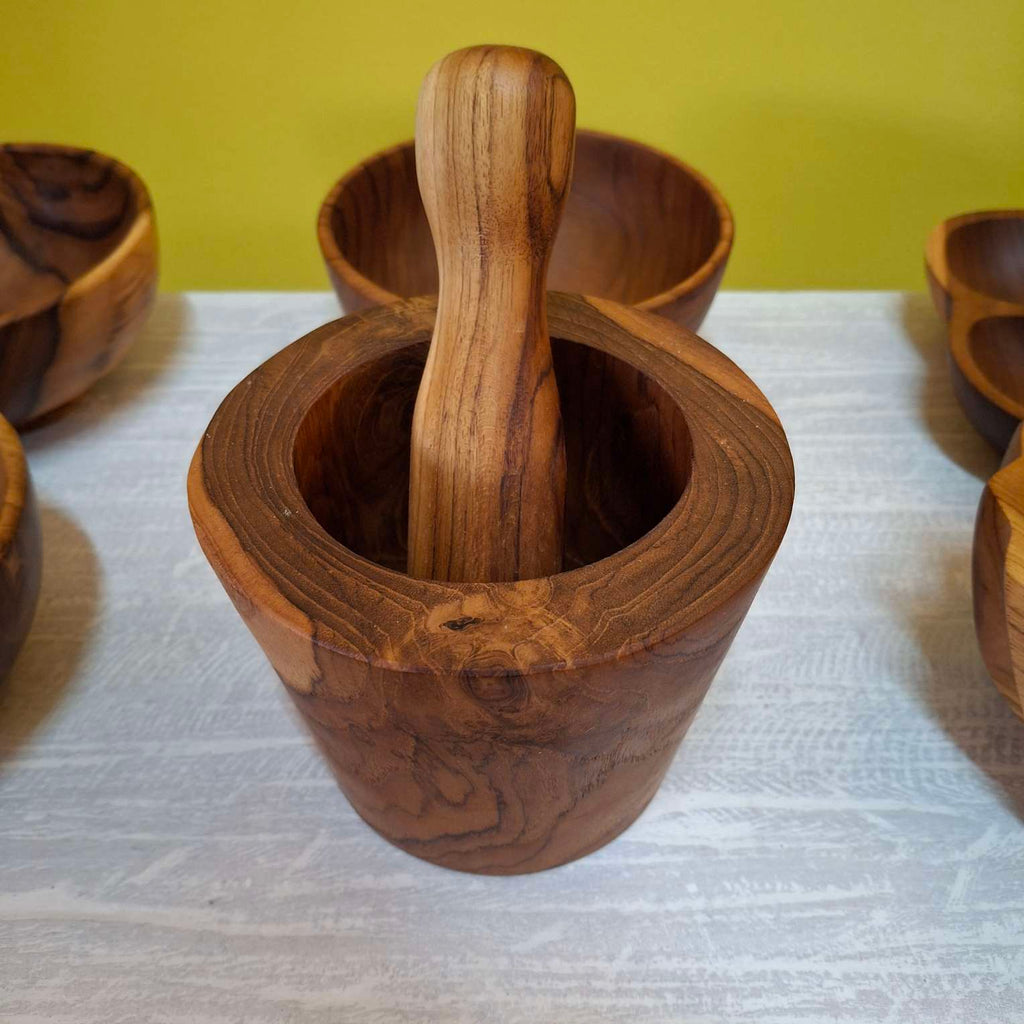 Mortaio rustico pesta aglio in legno teak - ETNICBAY