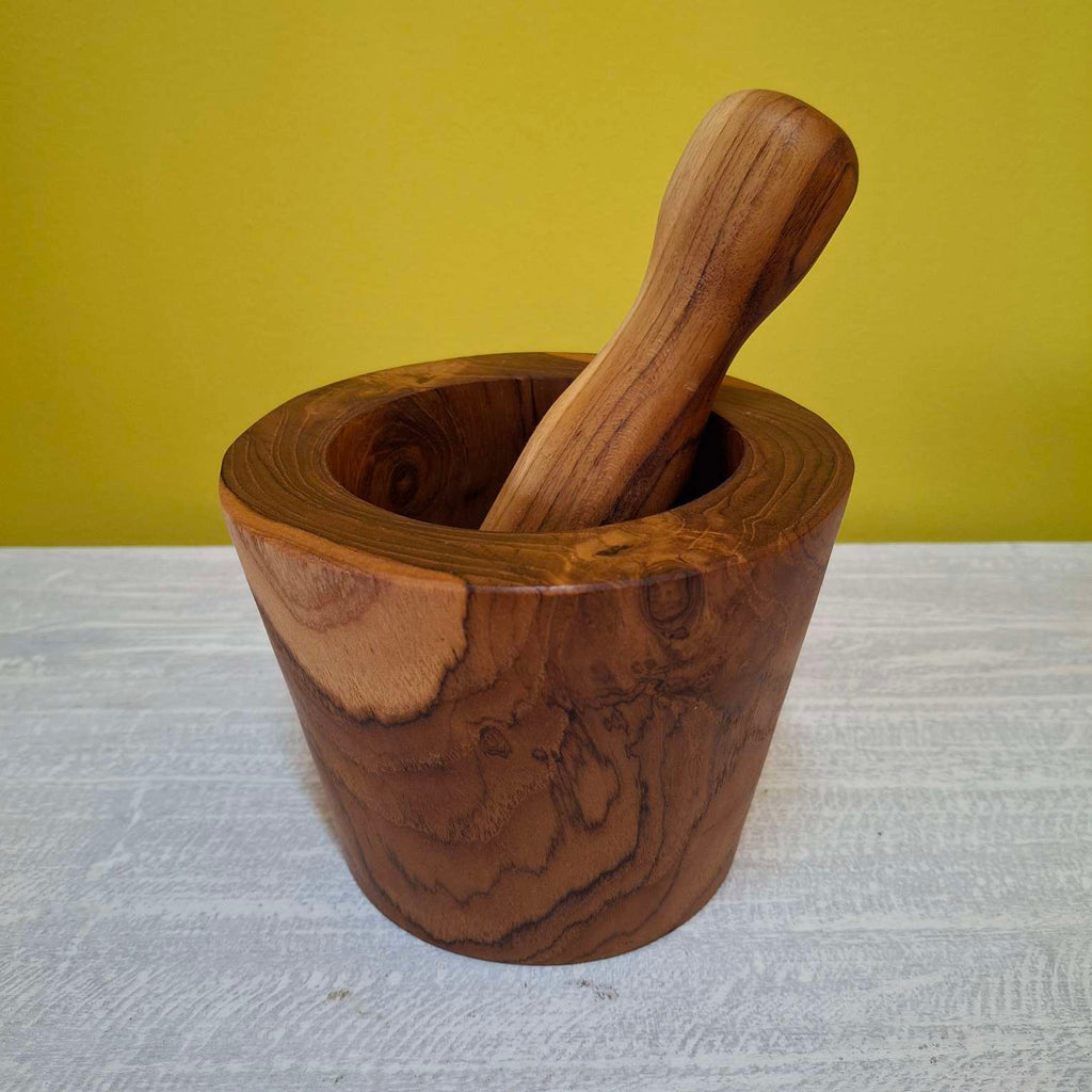 Mortaio rustico pesta aglio in legno teak - ETNICBAY