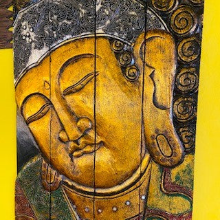 Tableau pliable en bois gaufré représentant un Bouddha ethnique