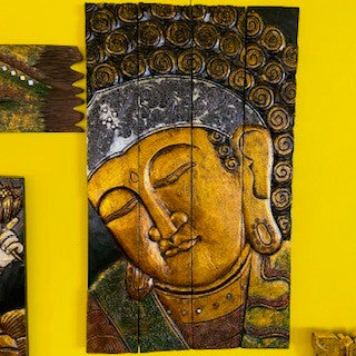 Tableau pliable en bois gaufré représentant un Bouddha ethnique