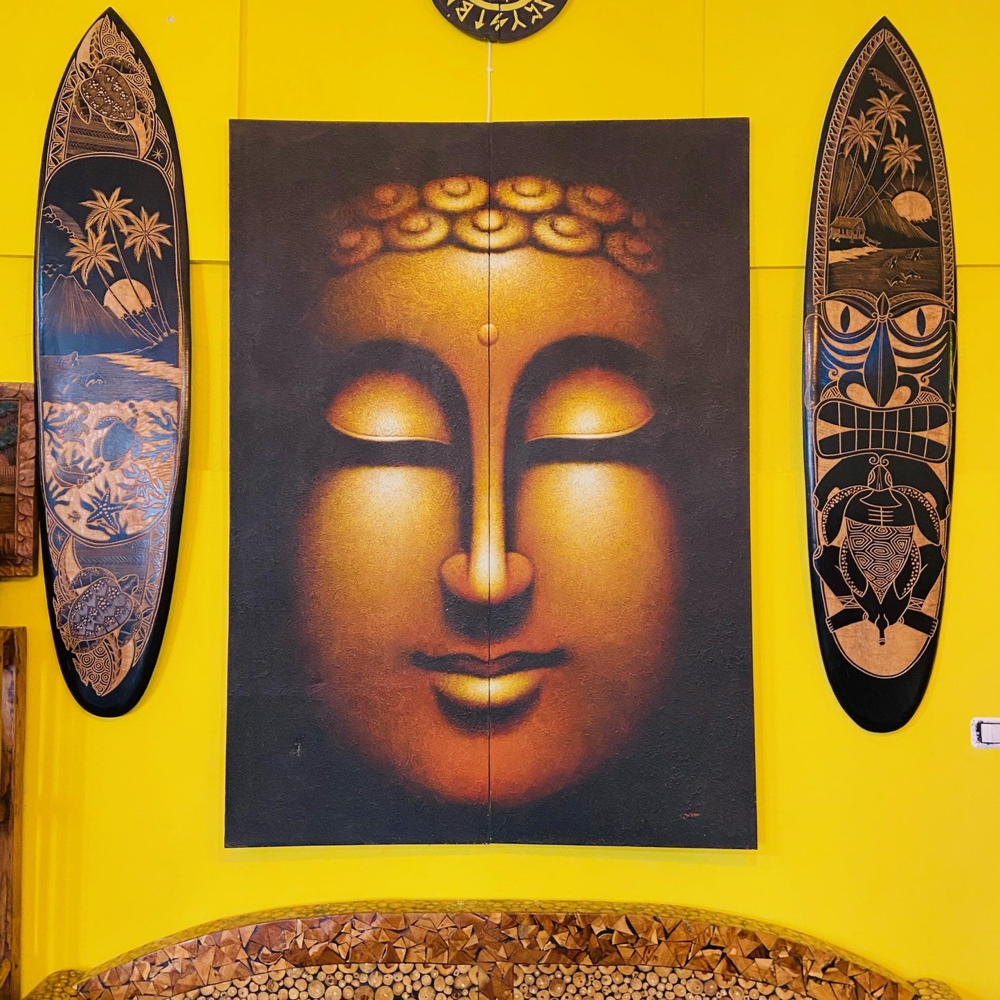 Peinture ethnique Bouddha sur toile peinte en or et noir
