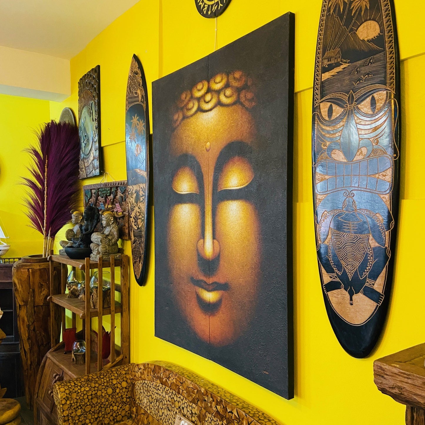 Peinture ethnique Bouddha sur toile peinte en or et noir