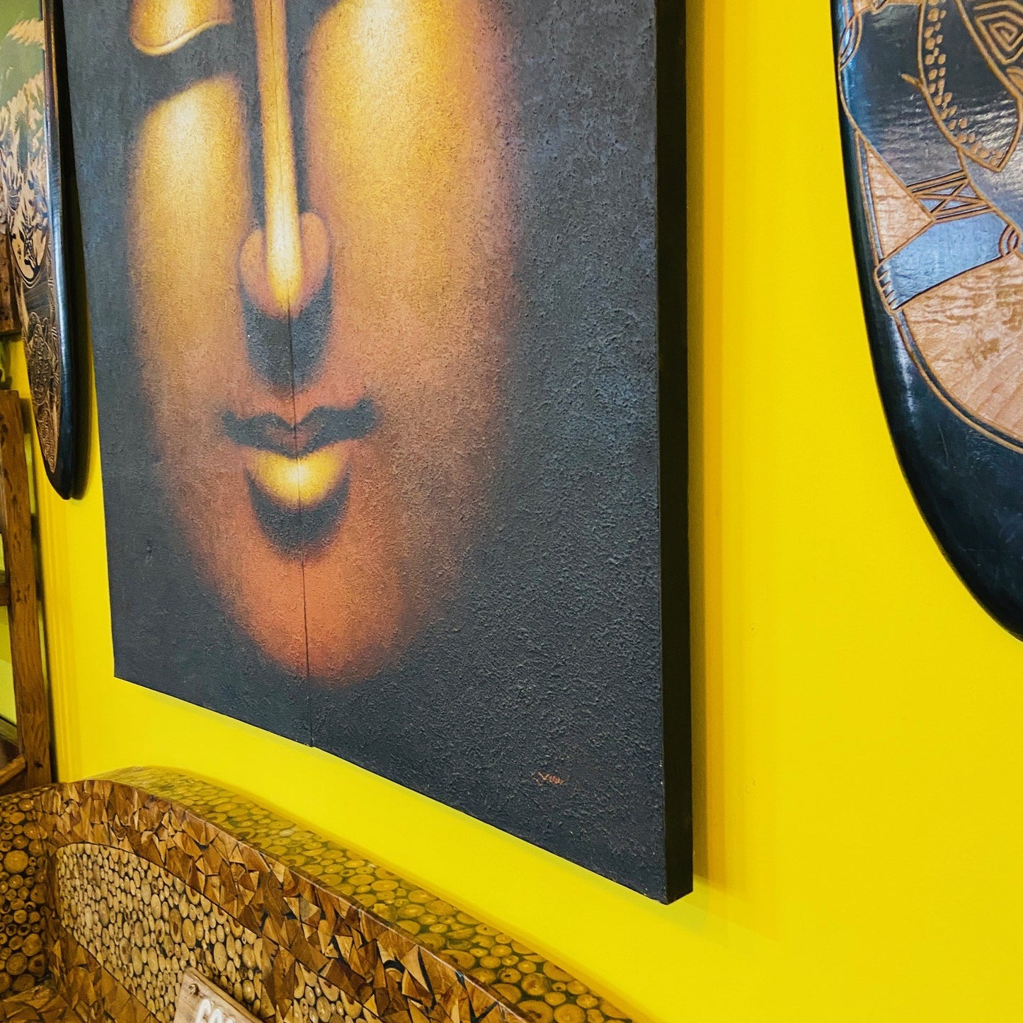 Peinture ethnique Bouddha sur toile peinte en or et noir