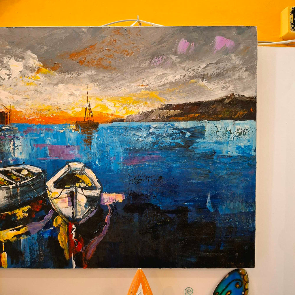 Quadro barche al tramonto orizzonte al mare