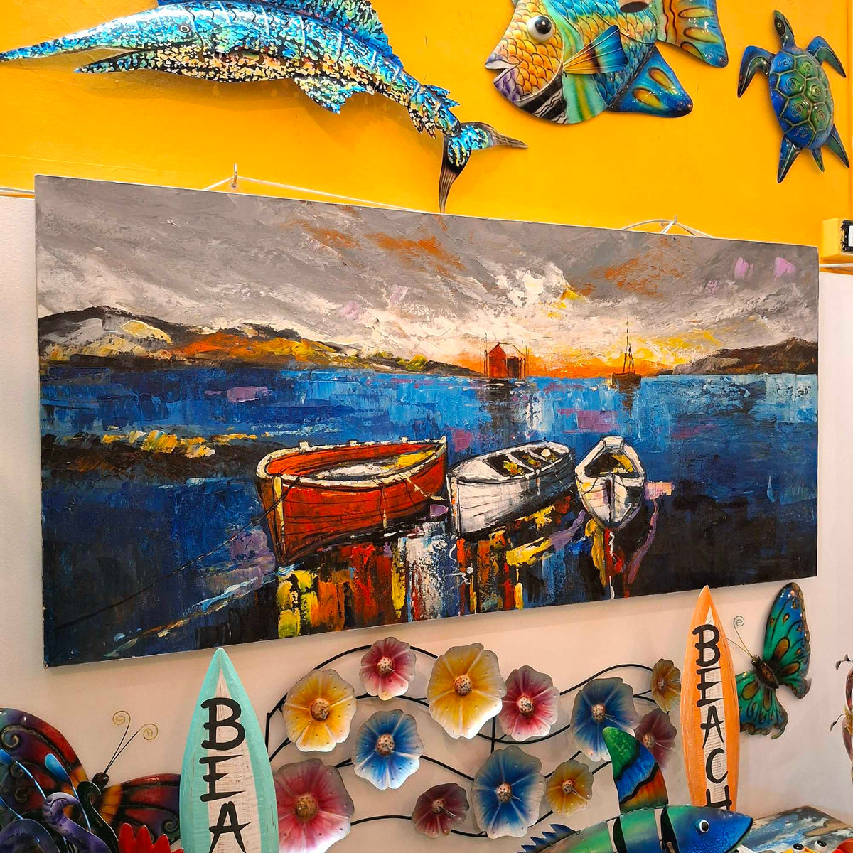 Quadro barche al tramonto orizzonte al mare