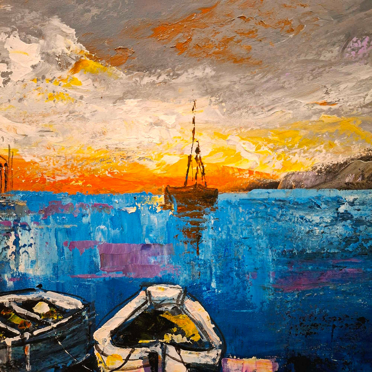 Quadro barche al tramonto orizzonte al mare