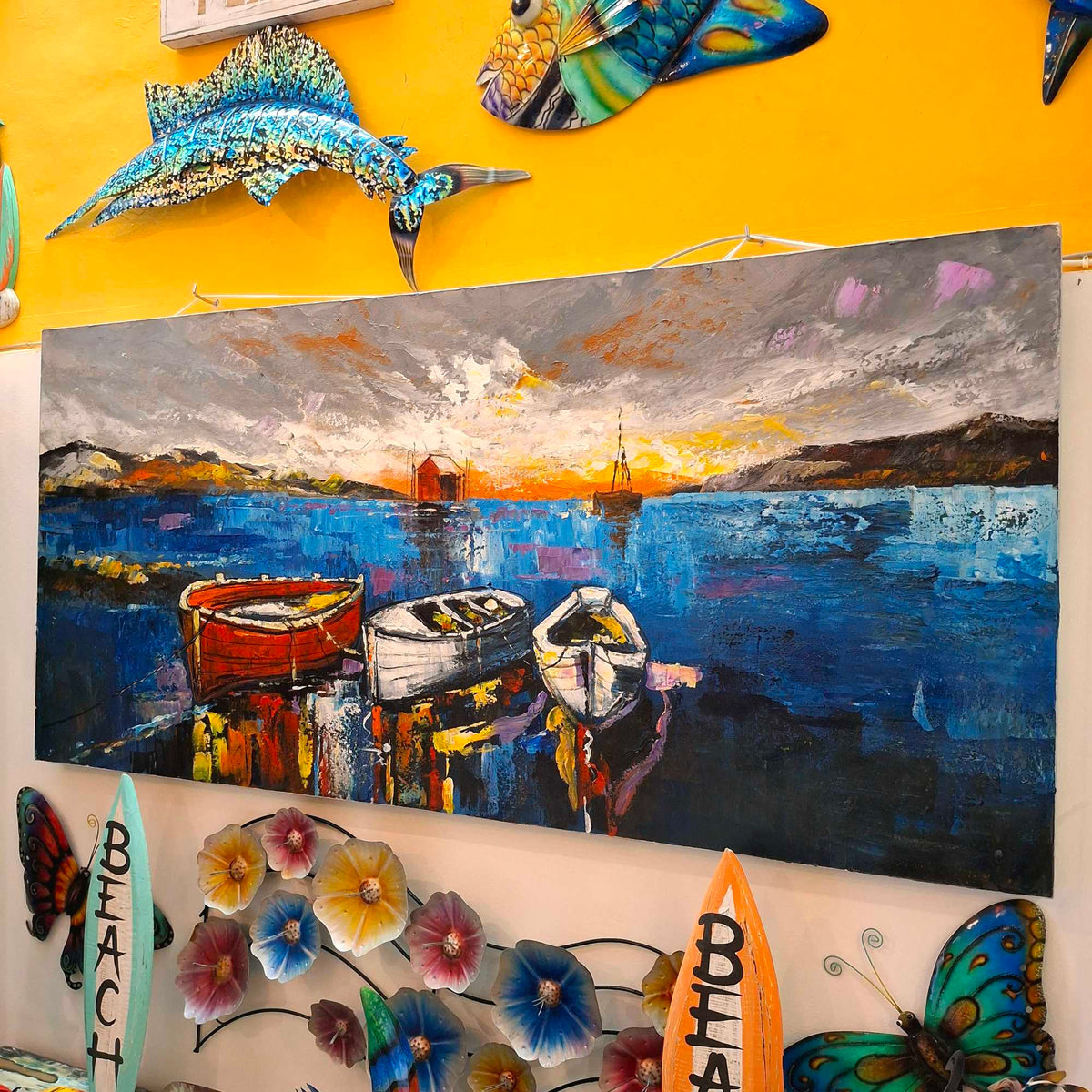 Quadro barche al tramonto orizzonte al mare
