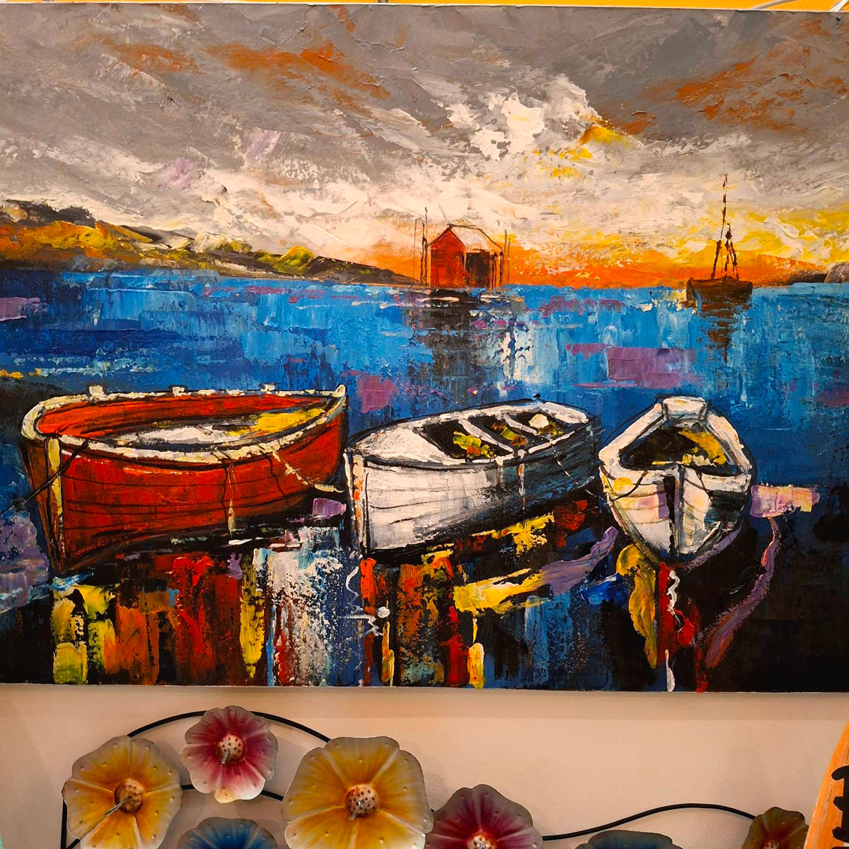 Quadro barche al tramonto orizzonte al mare